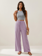 Wide leg broek met elastische taille en trekkoord in paars