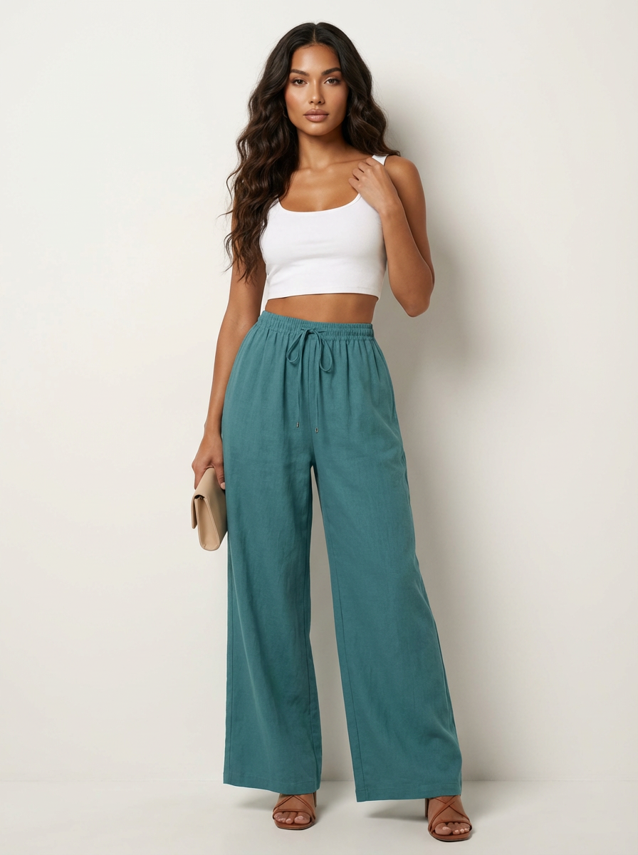Wide leg broek met elastische taille en trekkoord in blauw