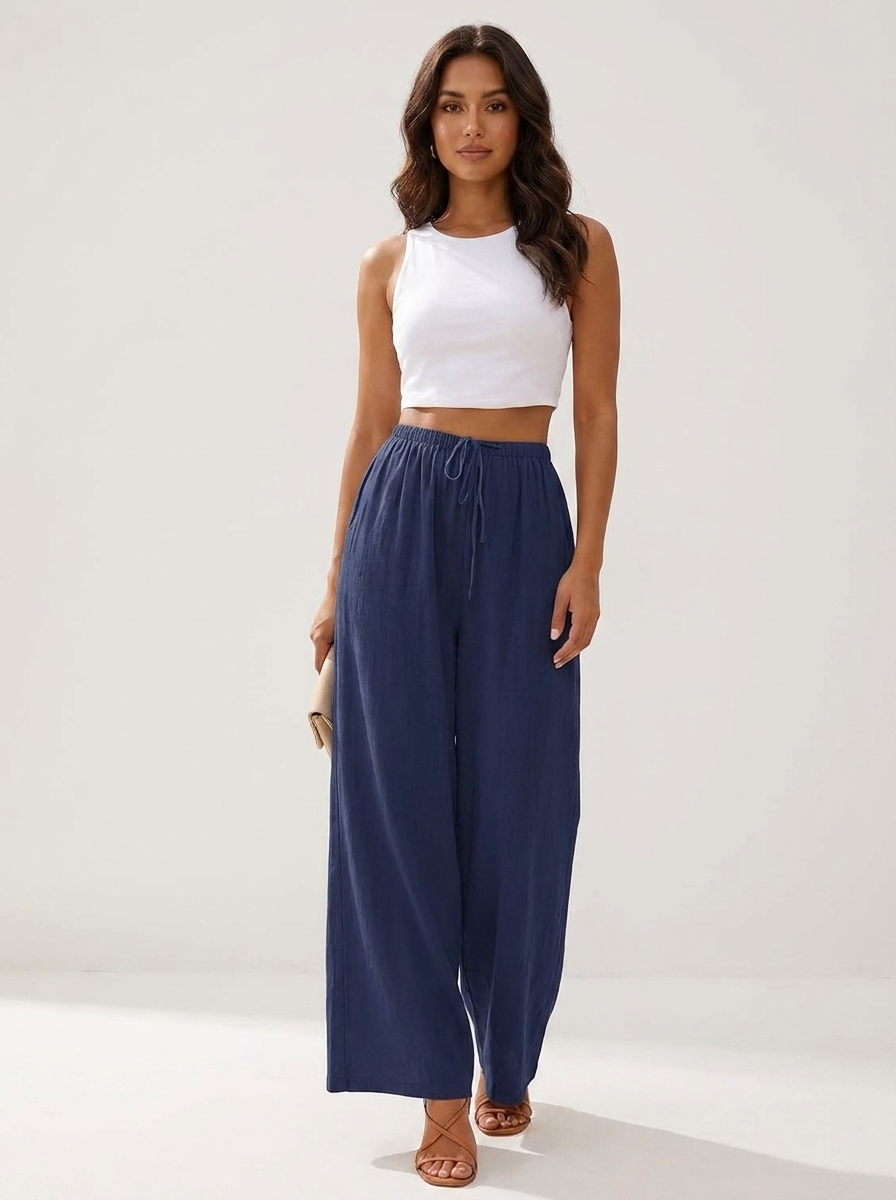 Wide leg broek met elastische taille en trekkoord