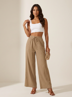 Wide leg broek met elastische taille en trekkoord in khaki