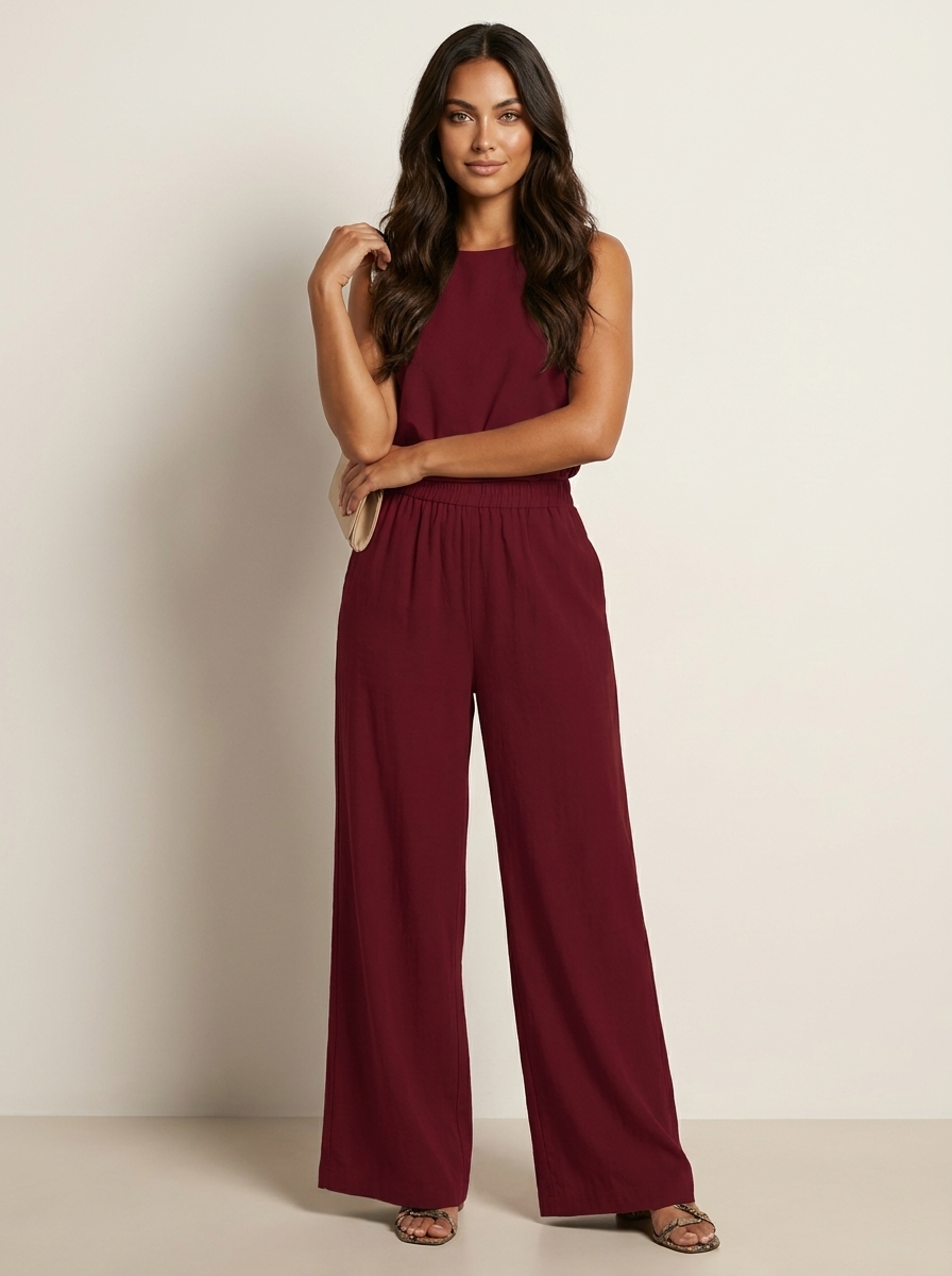 Wide leg broek met elastische taille en trekkoord in bordeaux rood
