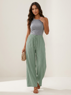 Wide leg broek met elastische taille en trekkoord in lichtgroen