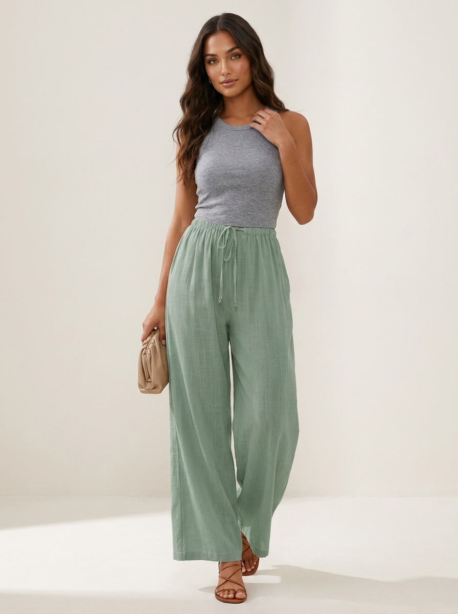Wide leg broek met elastische taille en trekkoord in lichtgroen