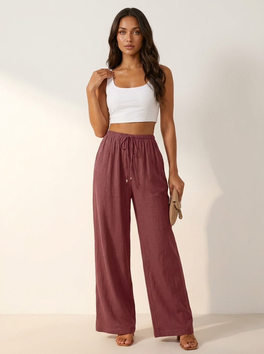 Wide leg broek met elastische taille en trekkoord in rouge