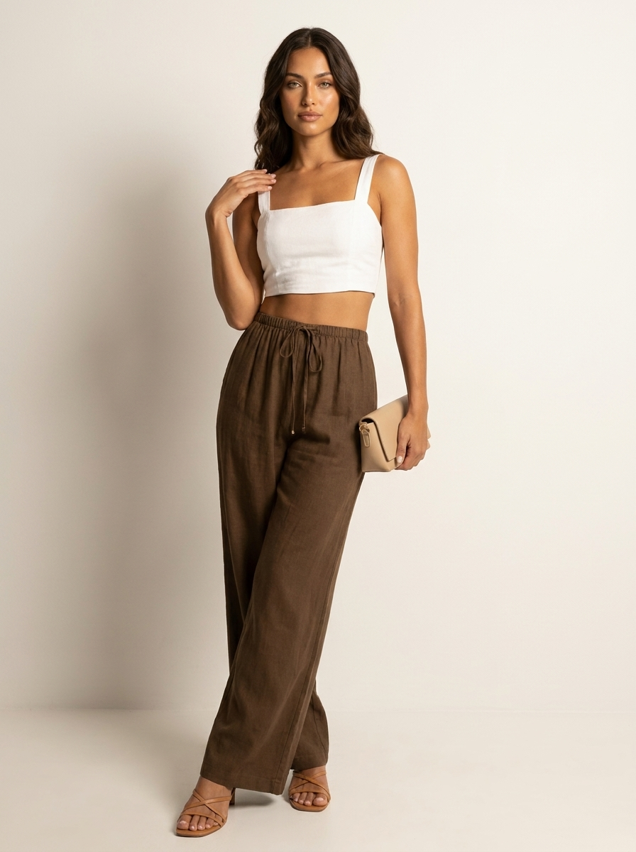 Wide leg broek met elastische taille en trekkoord in bruin
