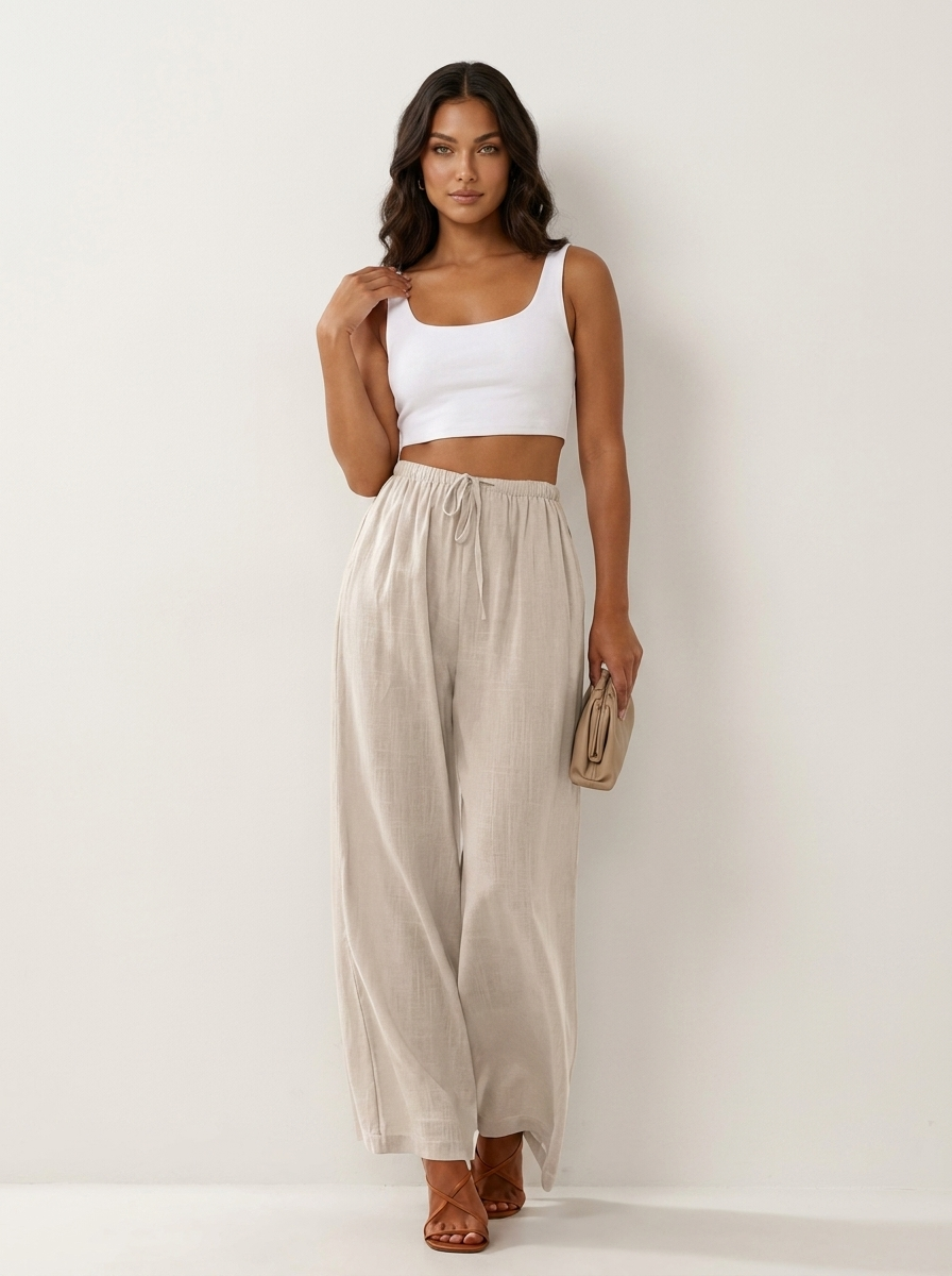 Wide leg broek met elastische taille en trekkoord in beige