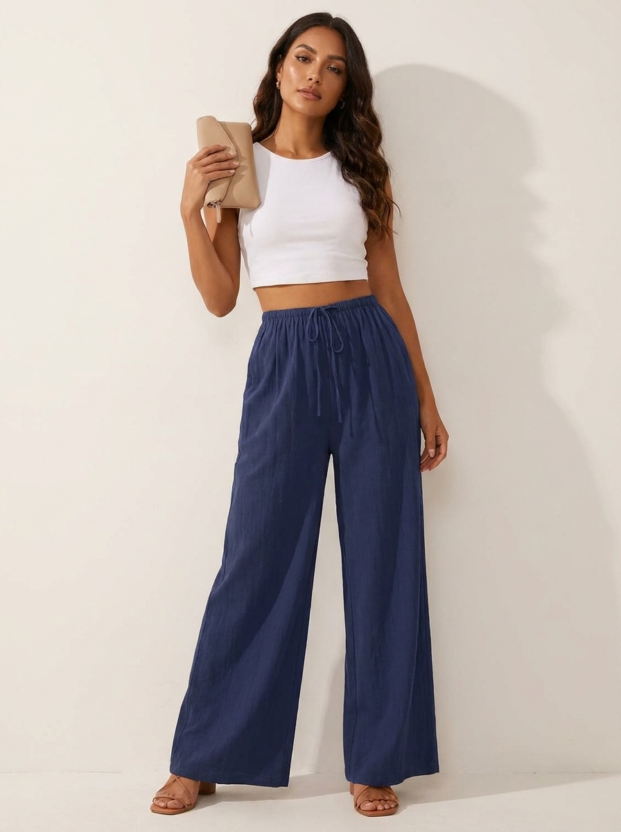 Wide leg broek met elastische taille en trekkoord in marineblauw