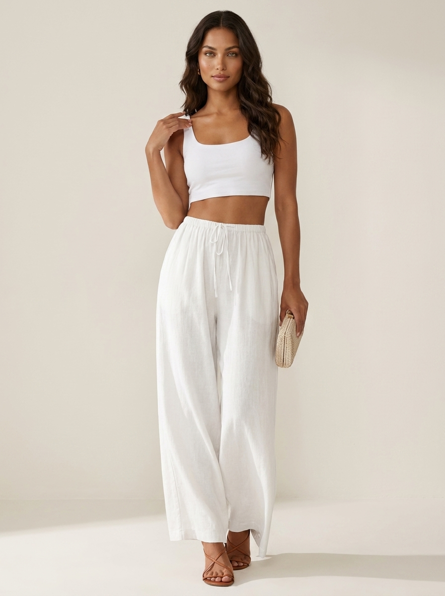 Wide leg broek met elastische taille en trekkoord in wit