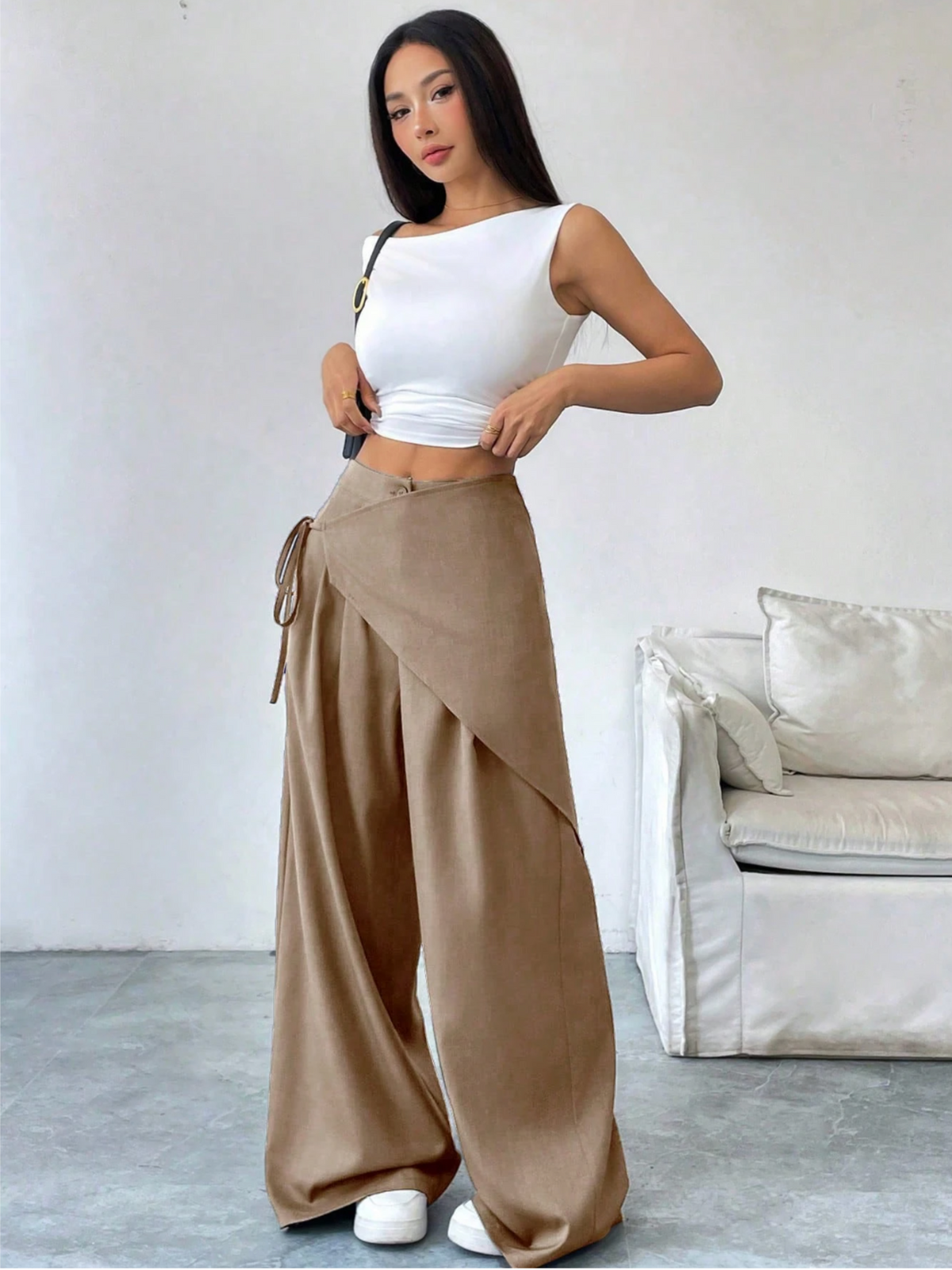 Wide-leg broek met wrap-detail en hoge taille voor dames in beige