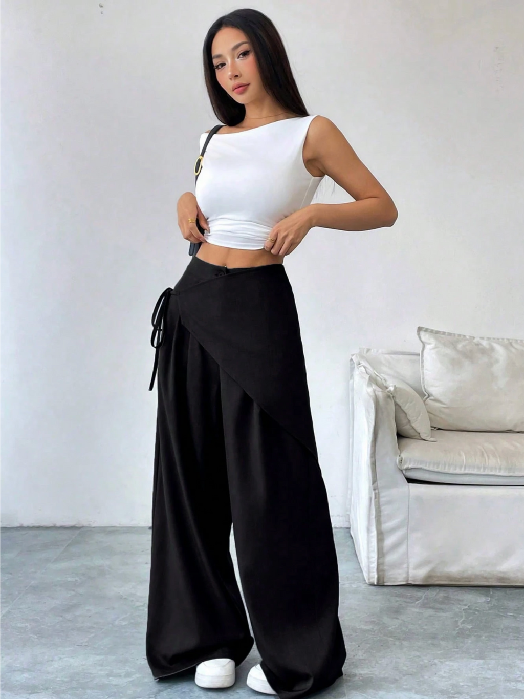 Wide-leg broek met wrap-detail en hoge taille voor dames in zwart
