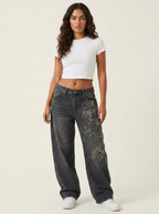 Wide leg jeans met borduurdetails voor dames in zwart