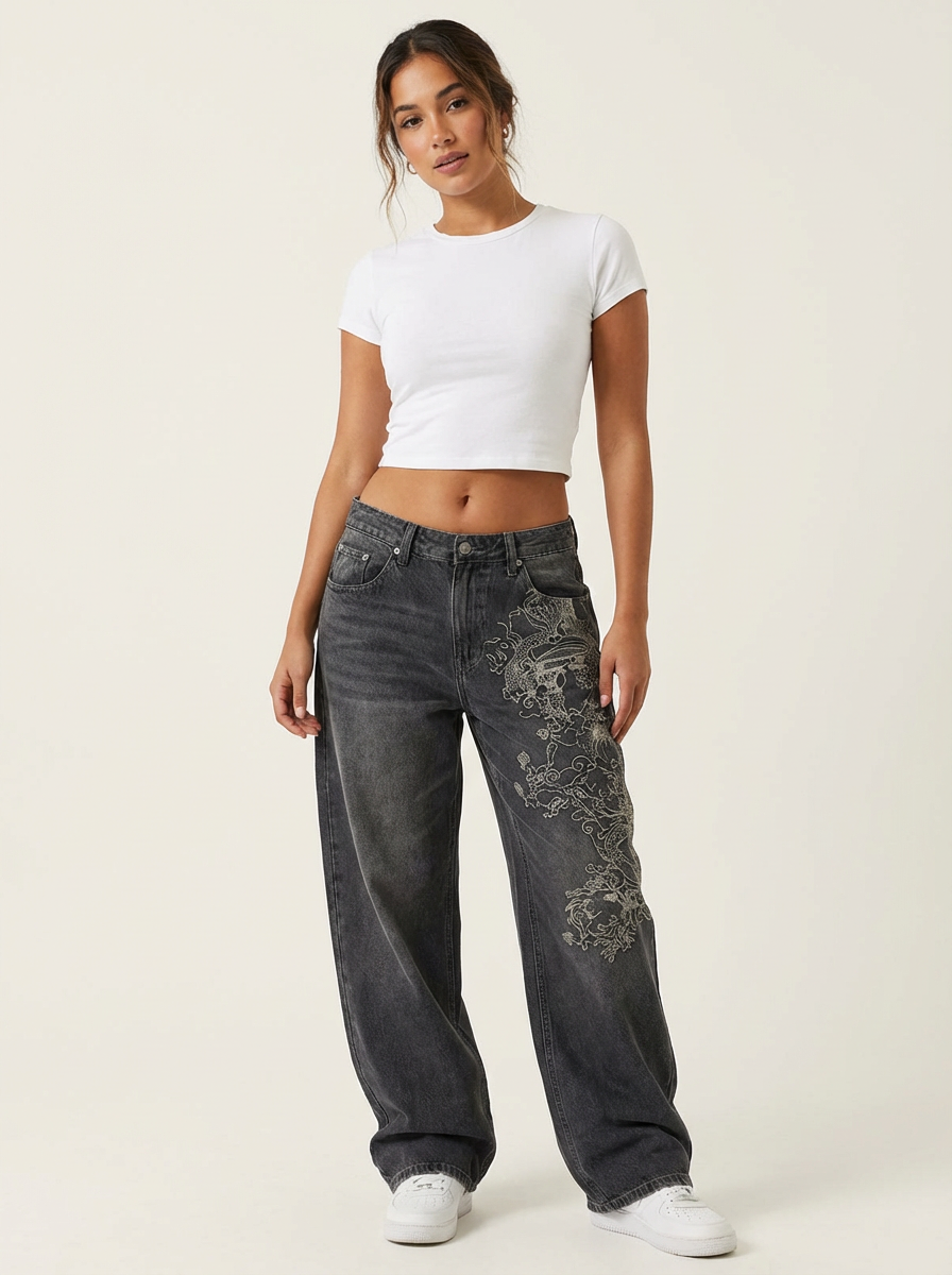 Wide leg jeans met borduurdetails voor dames in zwart