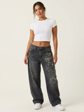Wide leg jeans met borduurdetails voor dames in zwart