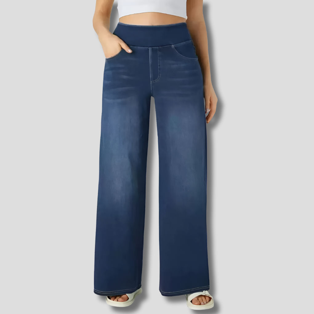 Wide leg jeans met hoge taille en stretch voor dames in donkerblauw