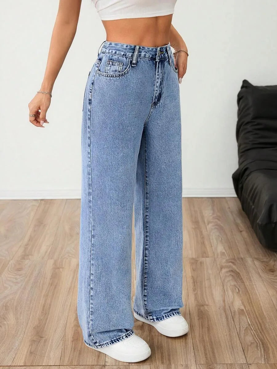 Wide leg jeans met plooien en middelhoge taille voor dames in lichtblauw