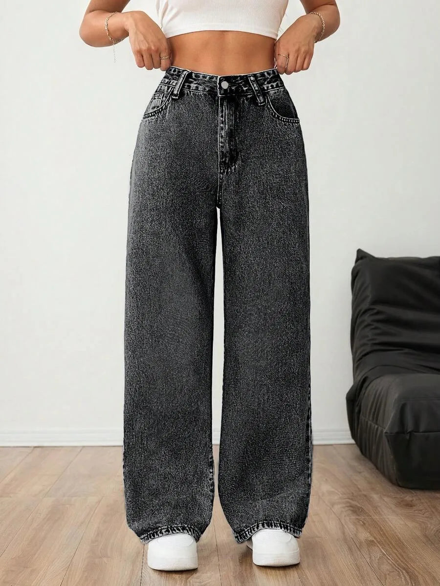 Wide leg jeans met plooien en middelhoge taille voor dames in donkergrijs