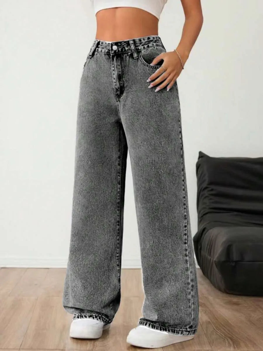 Wide leg jeans met plooien en middelhoge taille voor dames in grijs