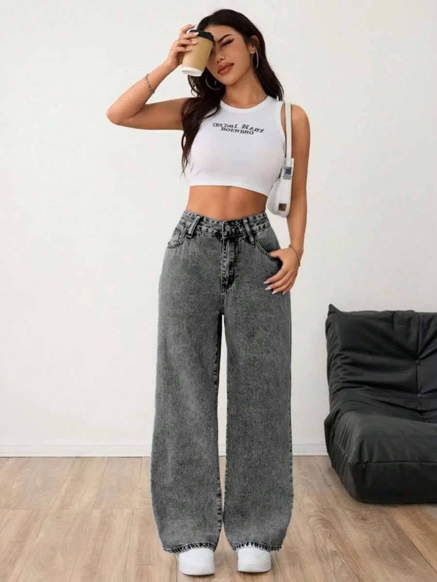 Wide leg jeans met plooien en middelhoge taille voor dames