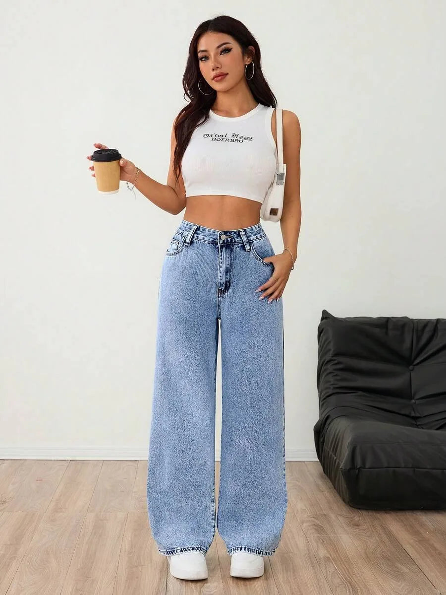 Wide leg jeans met plooien en middelhoge taille voor dames