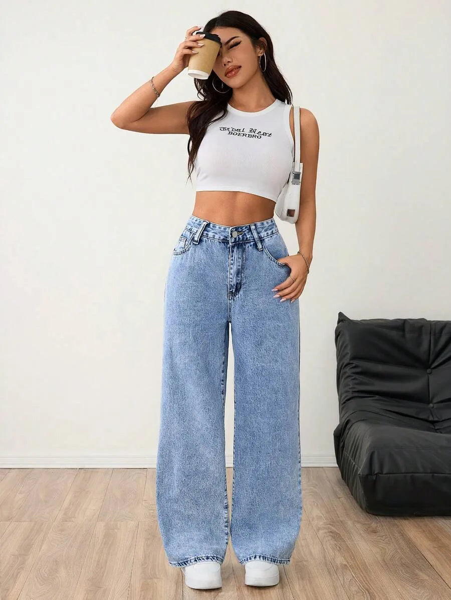 Wide leg jeans met plooien en middelhoge taille voor dames