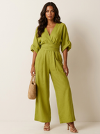 Wide-leg jumpsuit met V-hals en brede tailleband voor dames in groen