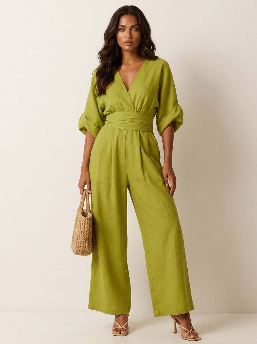 Wide-leg jumpsuit met V-hals en brede tailleband voor dames in groen