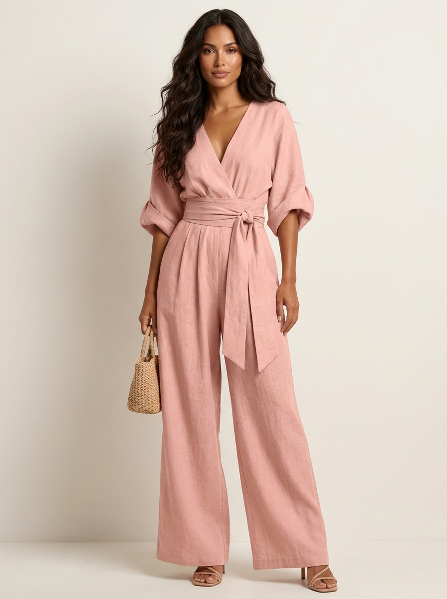 Wide-leg jumpsuit met V-hals en brede tailleband voor dames in roze