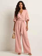 Wide-leg jumpsuit met V-hals en brede tailleband voor dames in roze