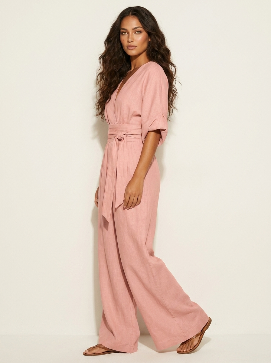 Wide-leg jumpsuit met V-hals en brede tailleband voor dames