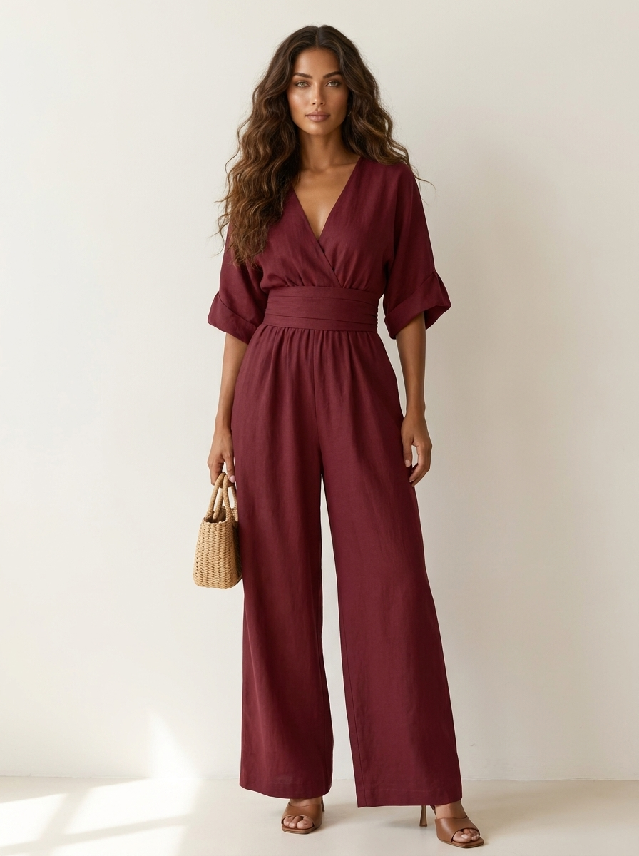 Wide-leg jumpsuit met V-hals en brede tailleband voor dames in bordeaux