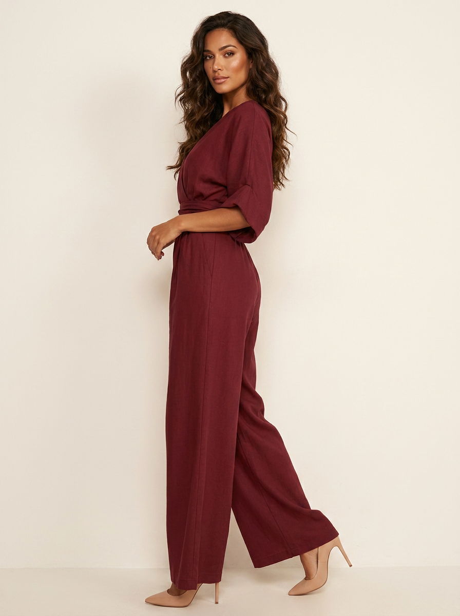 Wide-leg jumpsuit met V-hals en brede tailleband voor dames