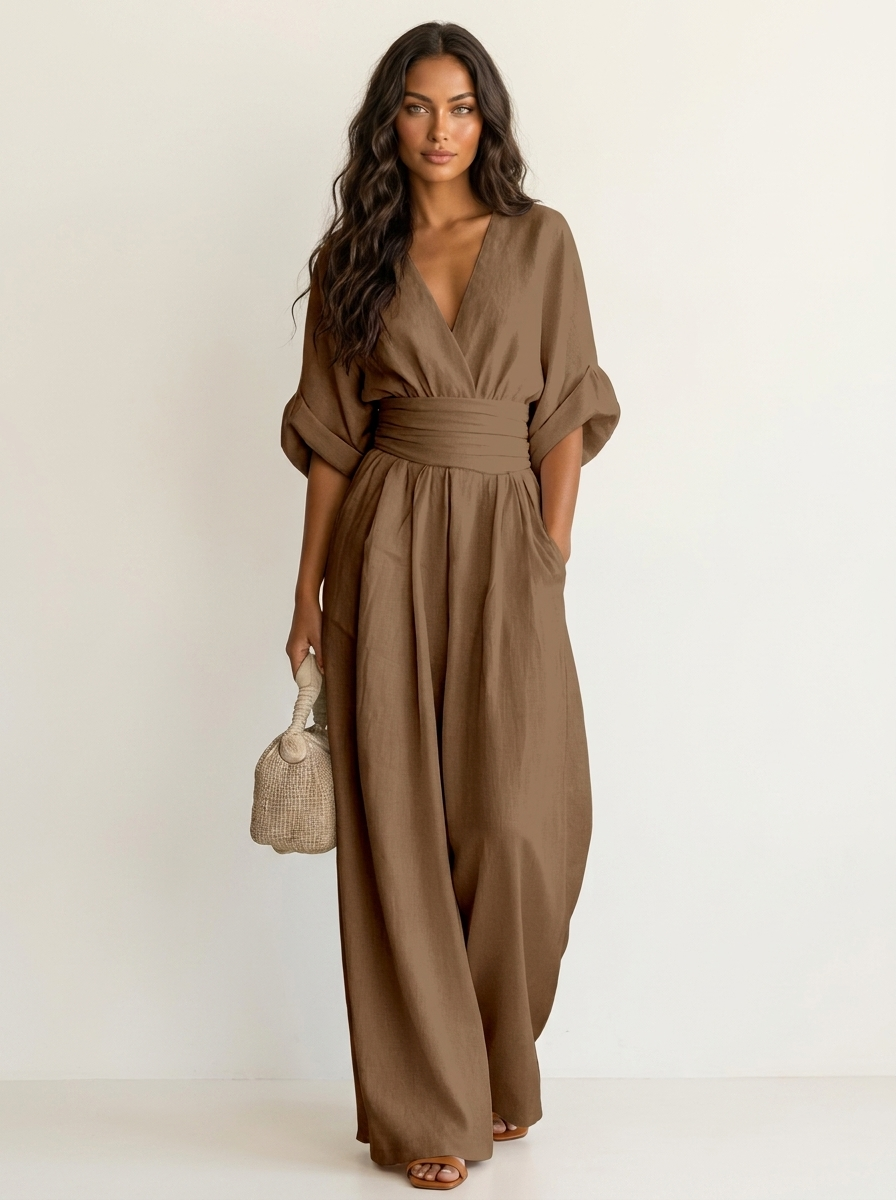 Wide-leg jumpsuit met V-hals en brede tailleband voor dames in khaki