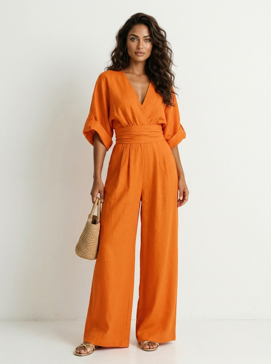 Wide-leg jumpsuit met V-hals en brede tailleband voor dames in oranje