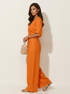 Wide-leg jumpsuit met V-hals en brede tailleband voor dames