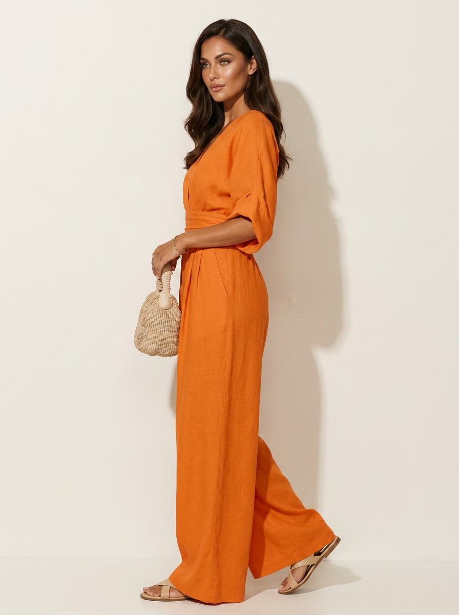 Wide-leg jumpsuit met V-hals en brede tailleband voor dames