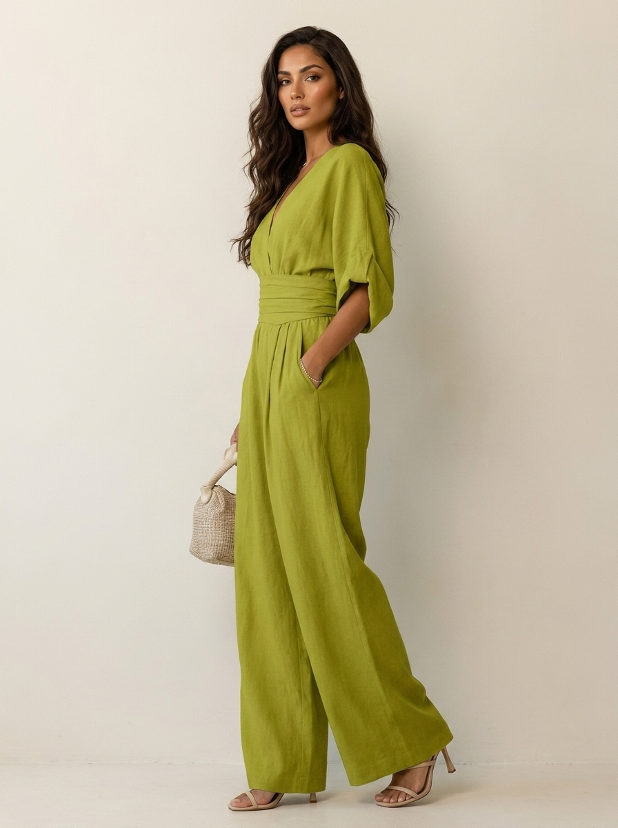 Wide-leg jumpsuit met V-hals en brede tailleband voor dames