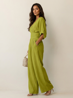 Wide-leg jumpsuit met V-hals en brede tailleband voor dames