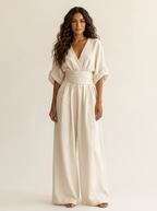 Wide-leg jumpsuit met V-hals en brede tailleband voor dames in wit