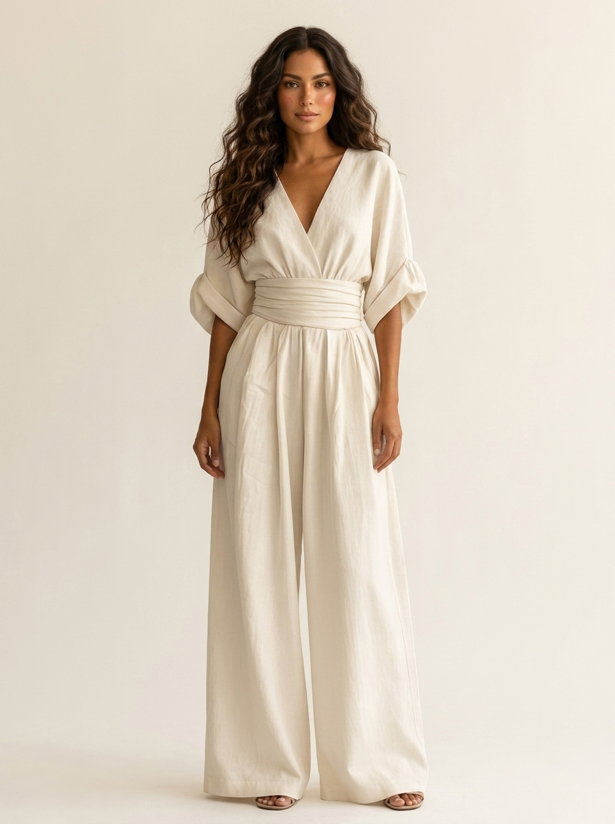 Wide-leg jumpsuit met V-hals en brede tailleband voor dames in wit