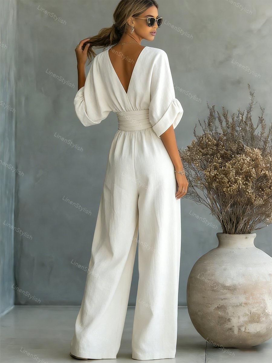 Wide-leg jumpsuit met V-hals en brede tailleband voor dames