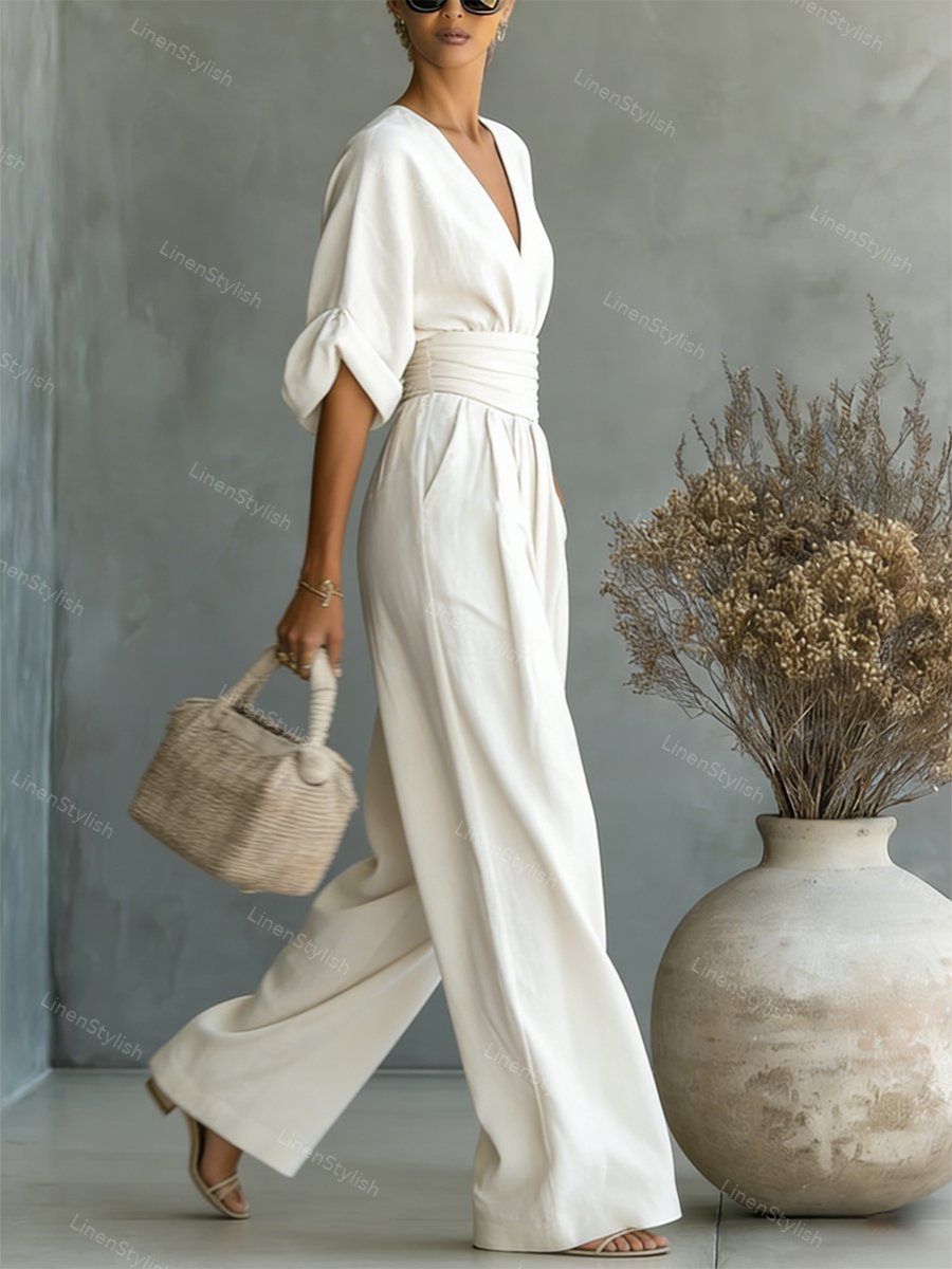 Wide-leg jumpsuit met V-hals en brede tailleband voor dames