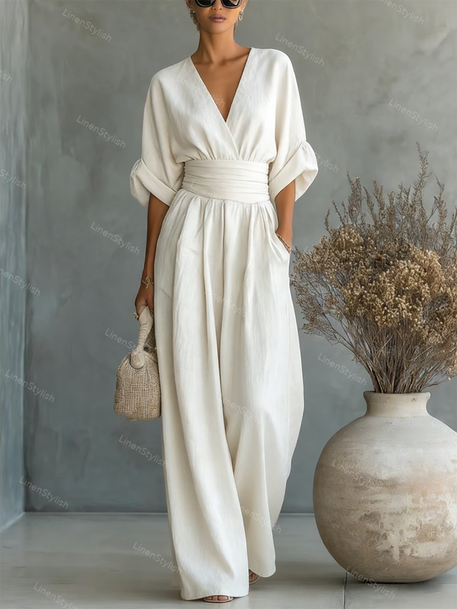 Wide-leg jumpsuit met V-hals en brede tailleband voor dames