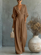 Wide-leg jumpsuit met V-hals en brede tailleband voor dames
