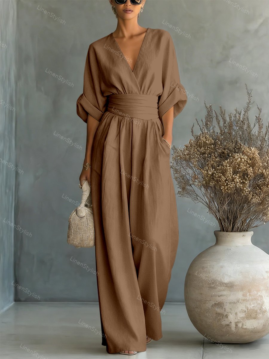 Wide-leg jumpsuit met V-hals en brede tailleband voor dames