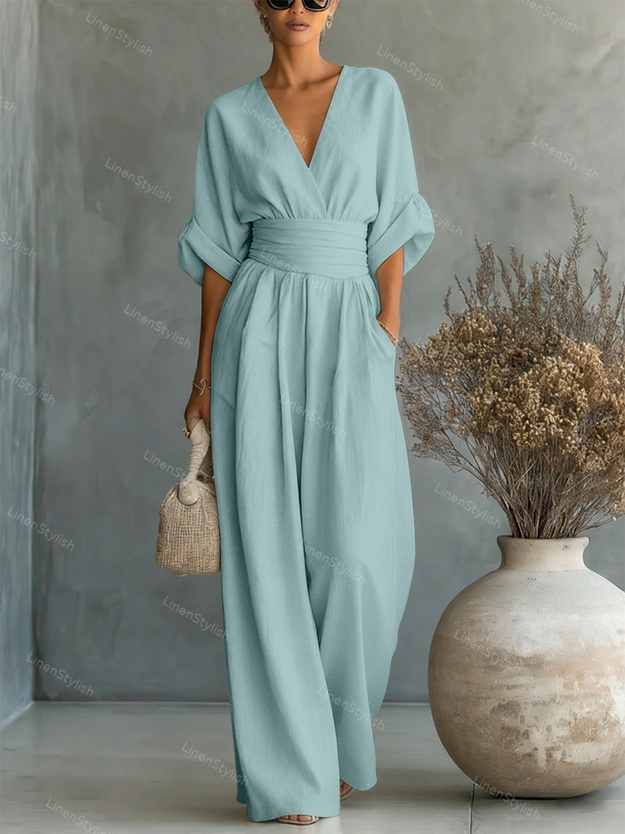 Wide-leg jumpsuit met V-hals en brede tailleband voor dames