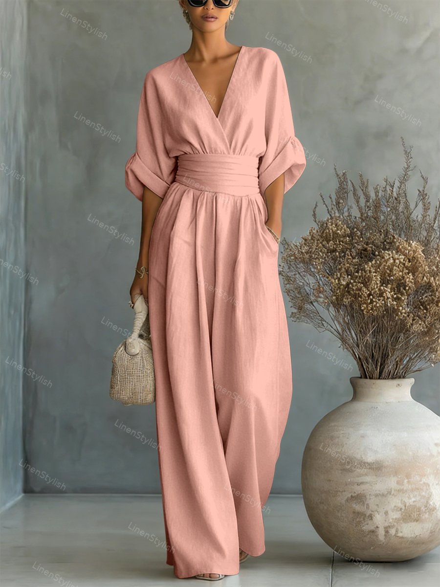 Wide-leg jumpsuit met V-hals en brede tailleband voor dames
