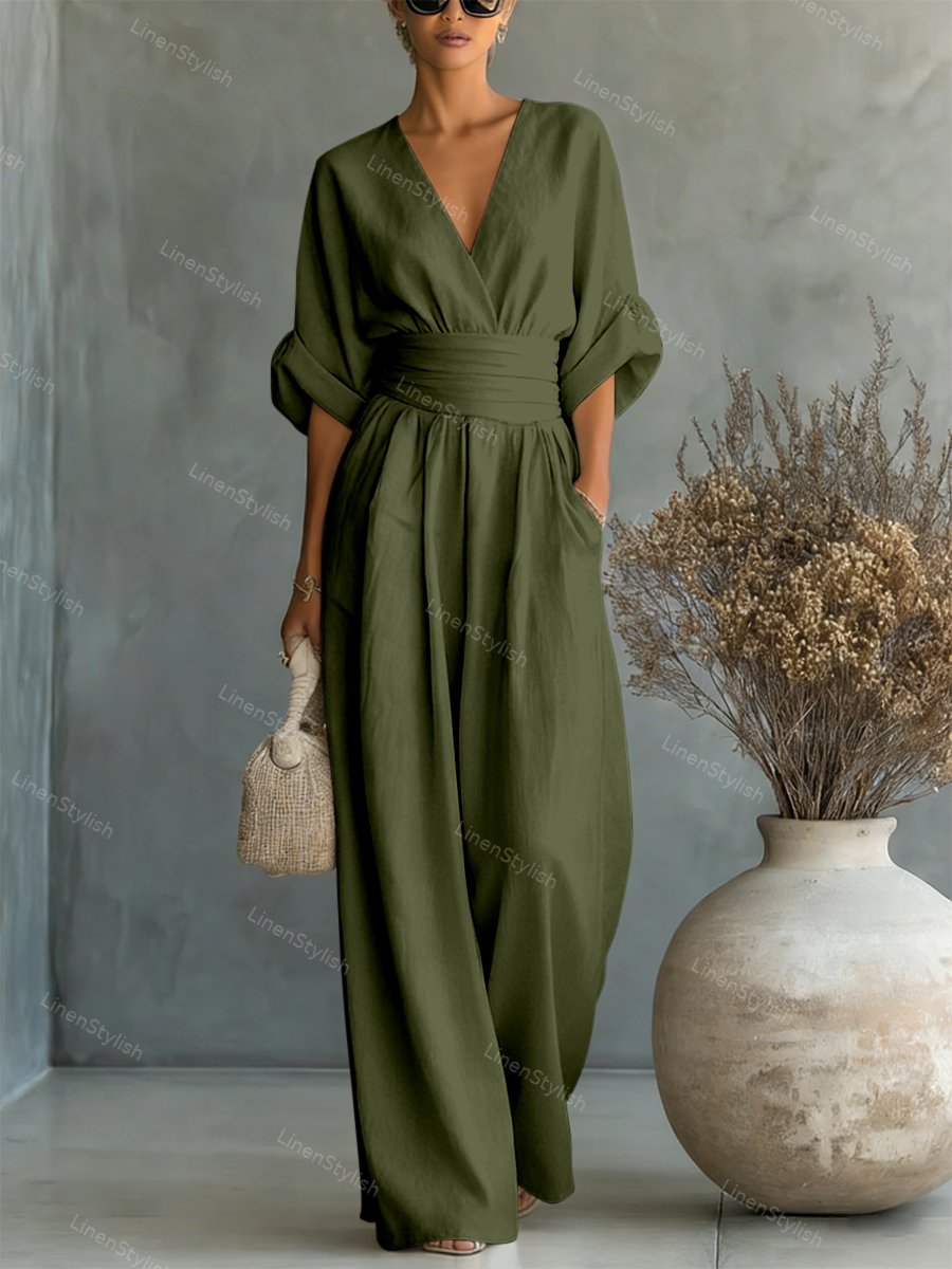 Wide-leg jumpsuit met V-hals en brede tailleband voor dames