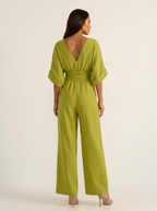 Wide-leg jumpsuit met V-hals en brede tailleband voor dames
