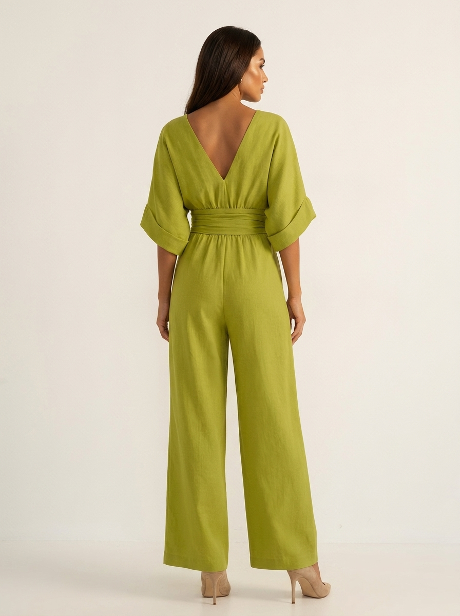 Wide-leg jumpsuit met V-hals en brede tailleband voor dames