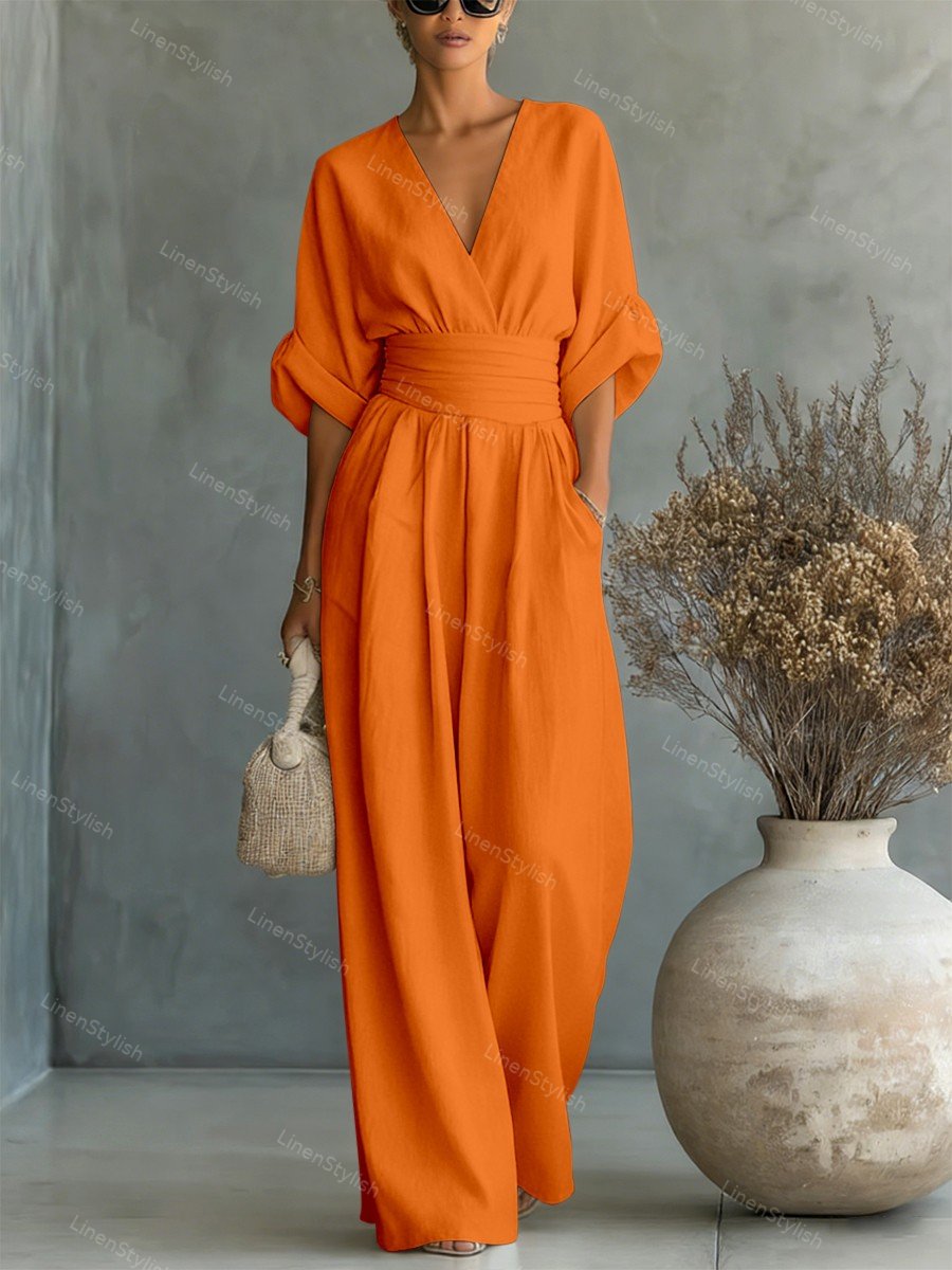 Wide-leg jumpsuit met V-hals en brede tailleband voor dames